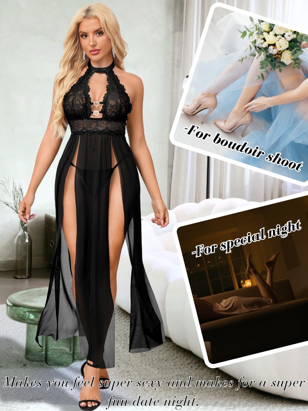 ShawGobow Heart Choker Lingerie,High Slit Babydoll Nightgowns For Women Sexy,Boudoir Outfits Valentines Wedding Night