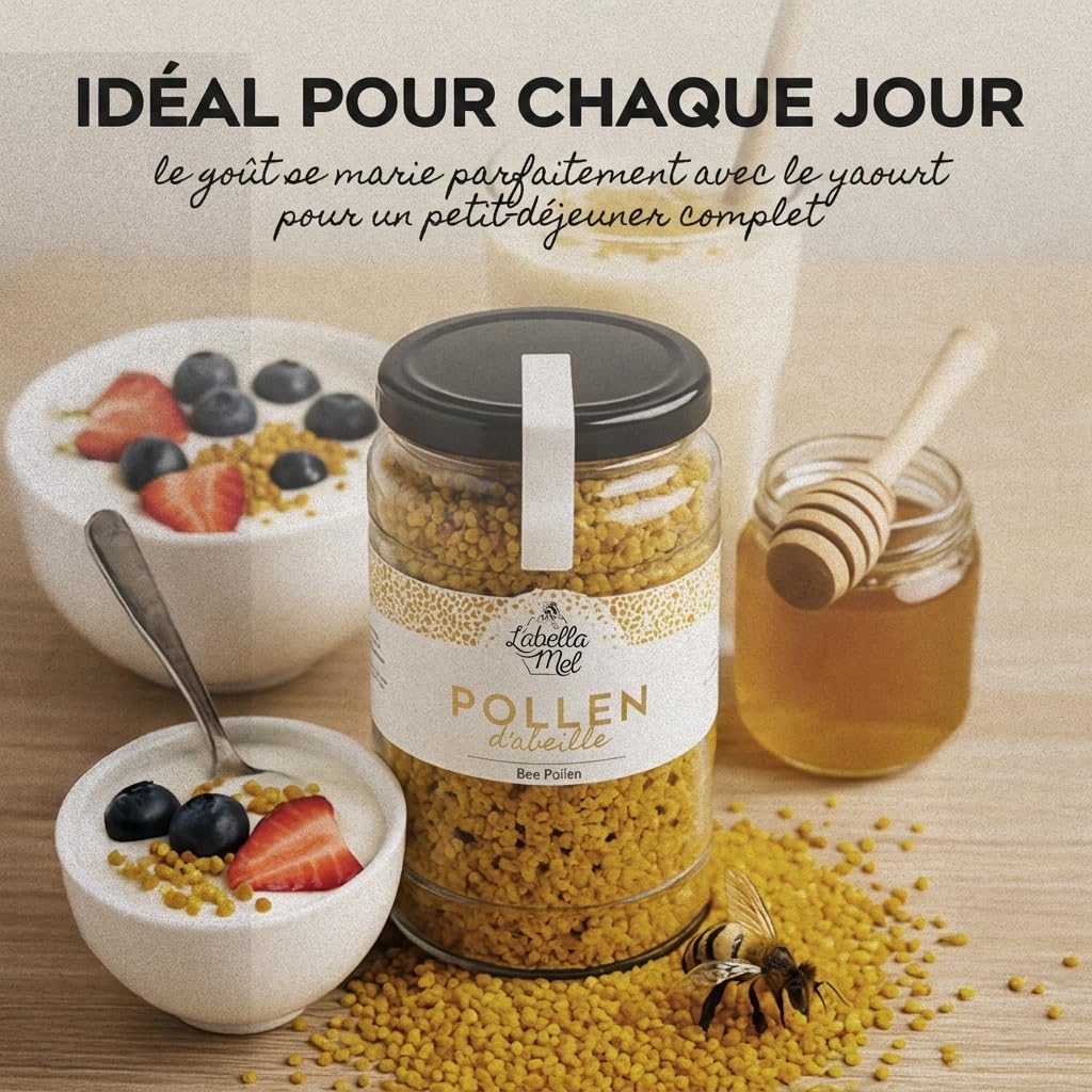 Pollen d'abeille cru et naturel 1 kg.Ce bee pollen doré et parfumé provient d’apiculteurs passionnés. Idéal pour renforcer l’immunité, retrouver énergie et équilibre, et sublimer vos petits déjeuners.