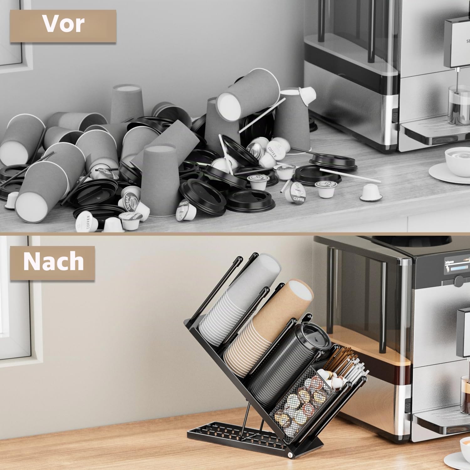 JANE EYRE Verstellbarer Getränkehalter und Deckelhalter – Organizer für Kaffeegläser mit Spender für Einwegbecher mit 4 Fächern, Korb für Strohhalme und Pads für Kaffeestation, aus Metall, Schwarz