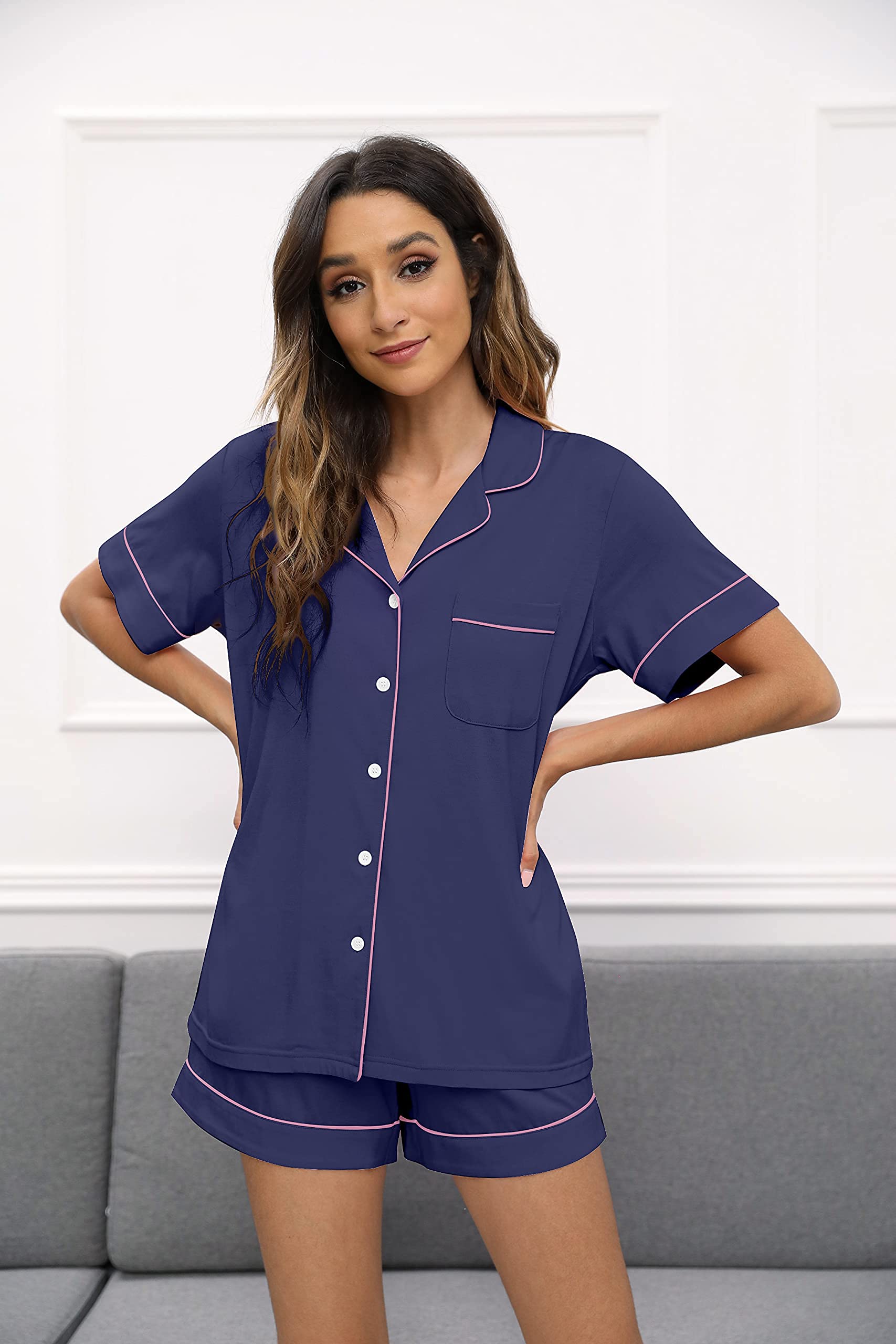 HEARTNICE Pajamas for Women, Button Down Pajama Shorts Set Soft Summer Solid Pjs Sets