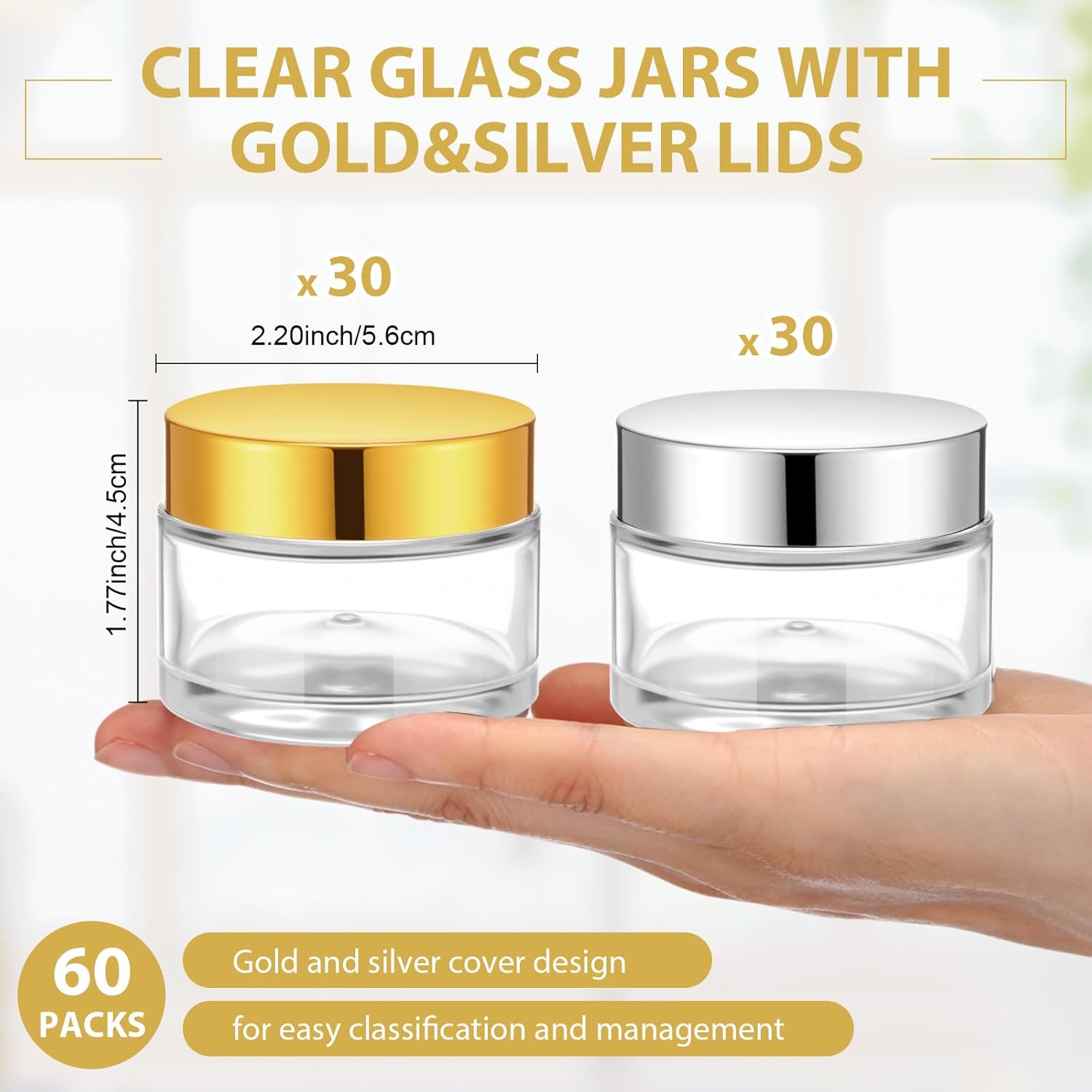 Meanplan 60 Pack 2 oz Glass Jars with Lids Bulk Small Sample Candle Cosmetic Jars with Inner Liners for Travel Empty Salve Tins Storage Container for Creams, Lotion, Candle Making, Food (Gold Silver)