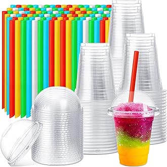 Lallisa 100 Sets Clear Plastic Cups with Dome Lids and Colorful Straws, Disposable Slushie Smoothie Cups PET Beverage for Party Iced Coffee Cold Drinks Juice Milkshake Fruit Tea Dessert(12 oz)