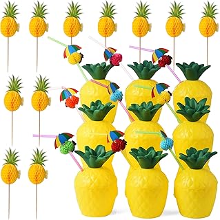 ALINK 12 Pineapple Cups with 12 Umbrella Straws and 12 Cocktail Drink Pi...
