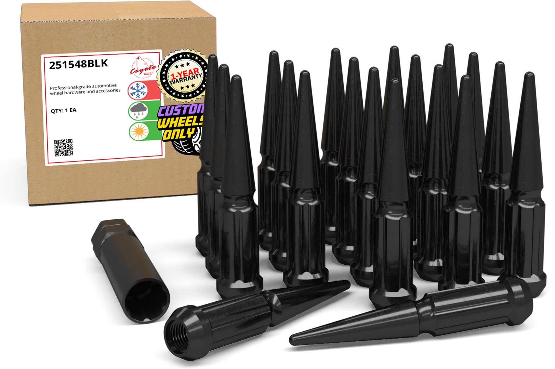 Wheel Accessories Parts 20 Pcs M14 x 1.5 14 x 1.5 Thread Spike Spline Solid Metal 4.40" Long Lug Nuts Black Truck Spline Fits 1990-99 Chevy C1500 | GMC 1500 | RAM 2012-18 1500 | 2019+ 1500 Classic