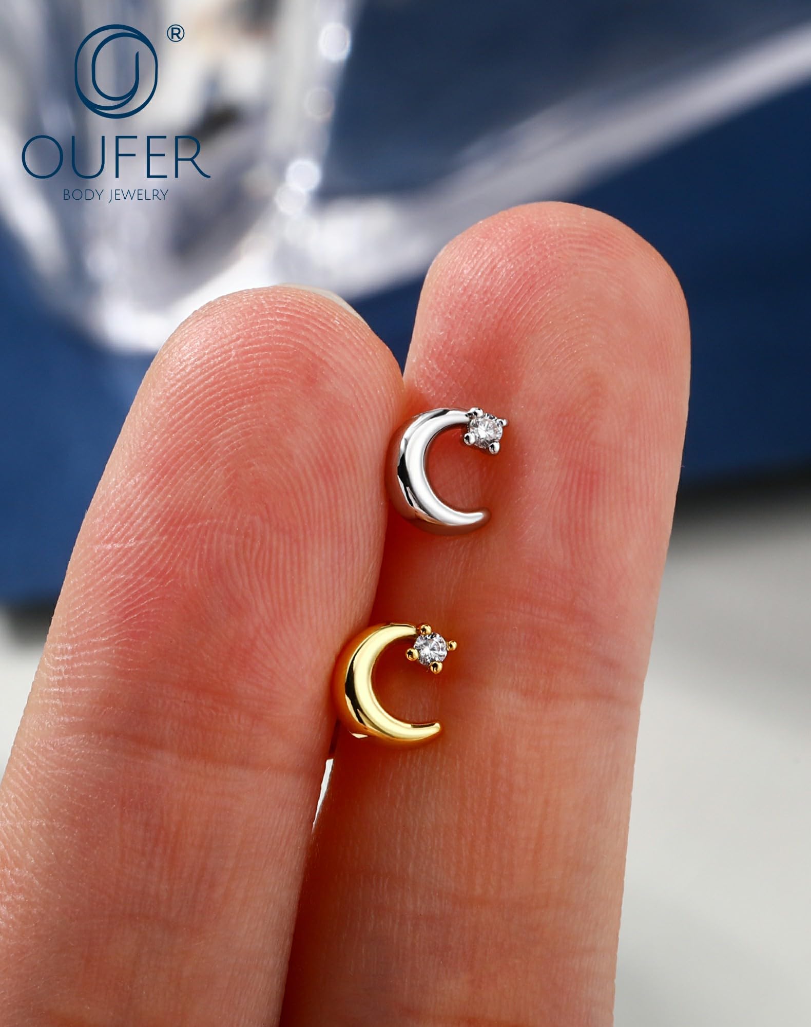 OUFER Body Piercing Helix Stud 18G Stainless Steel Moon CZ Labret Piercing Jewelry Internally Threaded 6mm Bar Gold/Silver Cartilage Earring Tragus Lip Piercings for Women — view 6