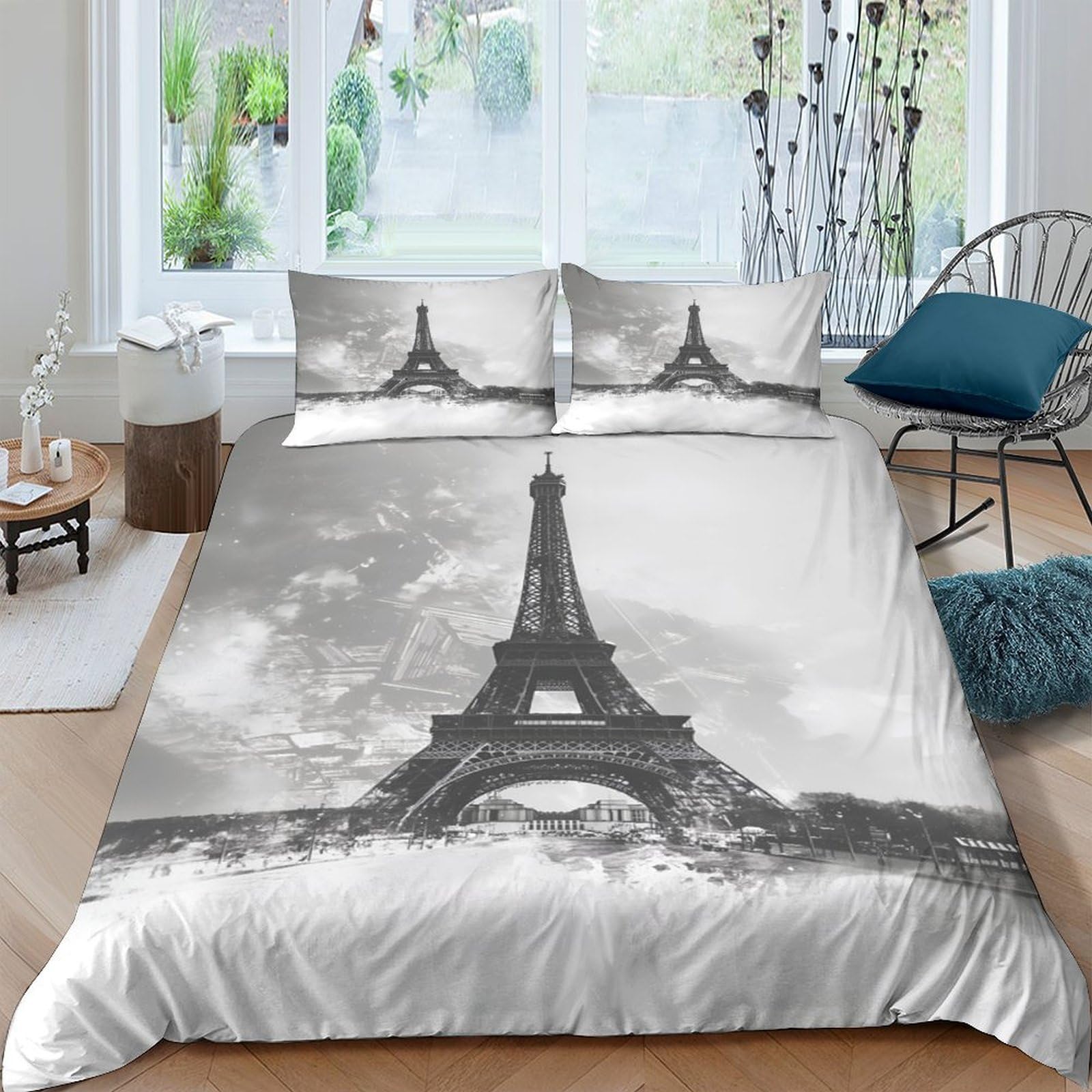 Ctjqhvkz Style-1 3D Printed Eiffel Tower Fitted Sheet Microfiber Black White Paris Mattress Cover For Bedroom Decor Protection Single（135X200cm）