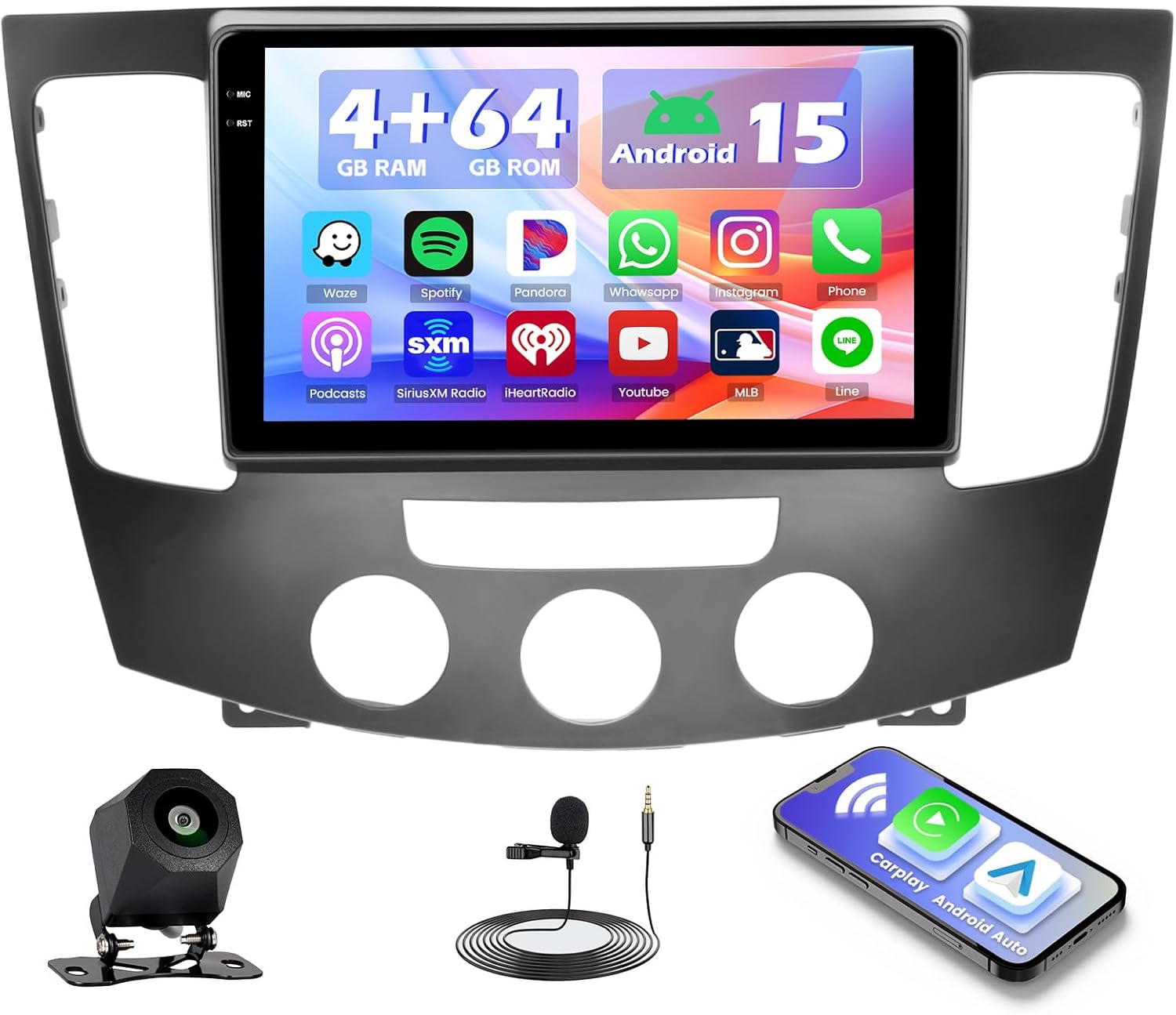 Hikity 4+64G Android 15 Car Stereo for Hyundai Sonata 2009-2010 (Manual A/C), 9” Touchscreen Radio with CarPlay, Android Auto, Bluetooth, GPS Navigation, WiFi, DSP, FM, RDS + AHD Backup Camera