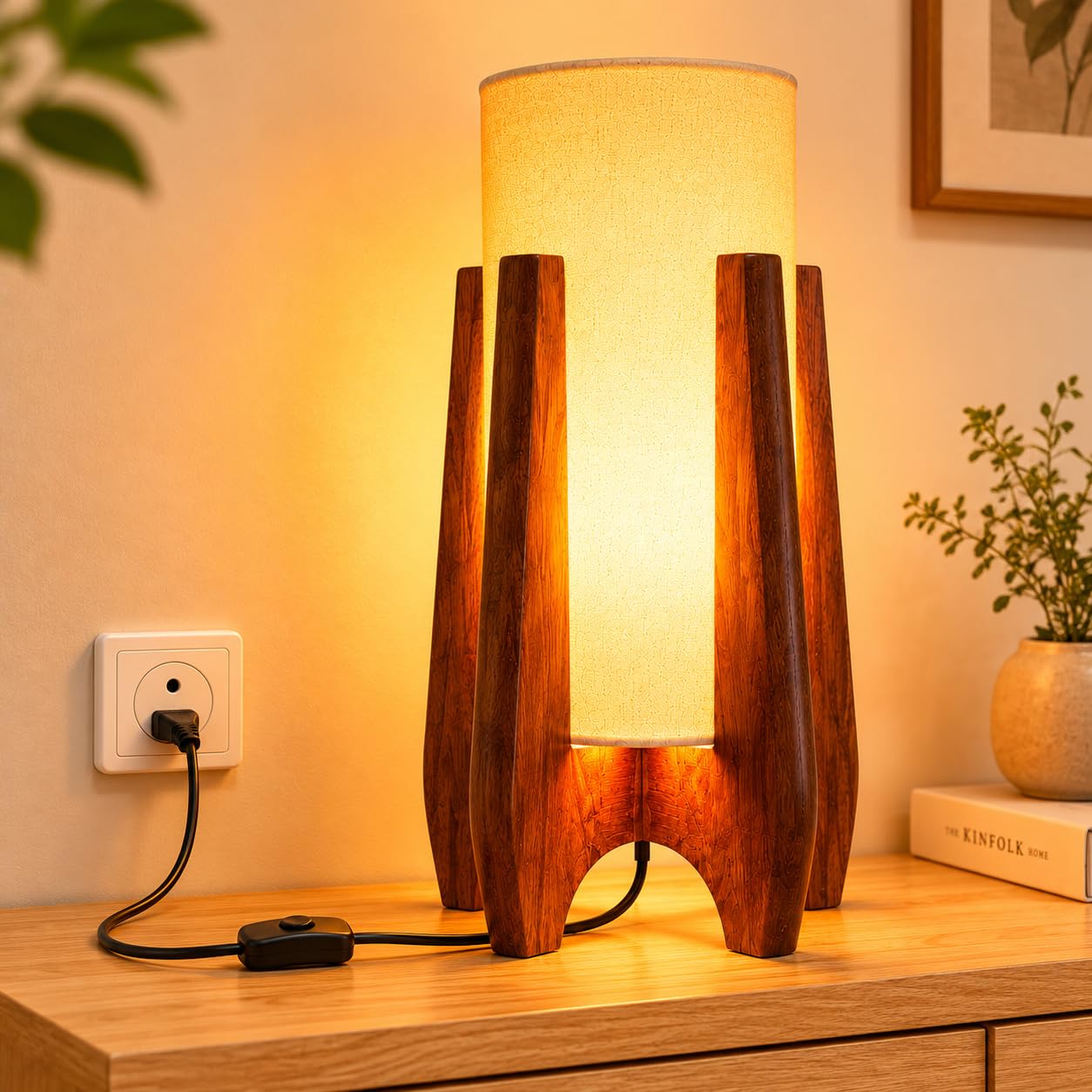 Solid Mango Wood Table Lamp for Bedroom & Living Room (13" Height, 6" Width) | Mid-Century Modern Wooden Bedside Desk Nightstand Lamp with 10" Cylindrical Fabric Shade & Bed Switch-picture-21
