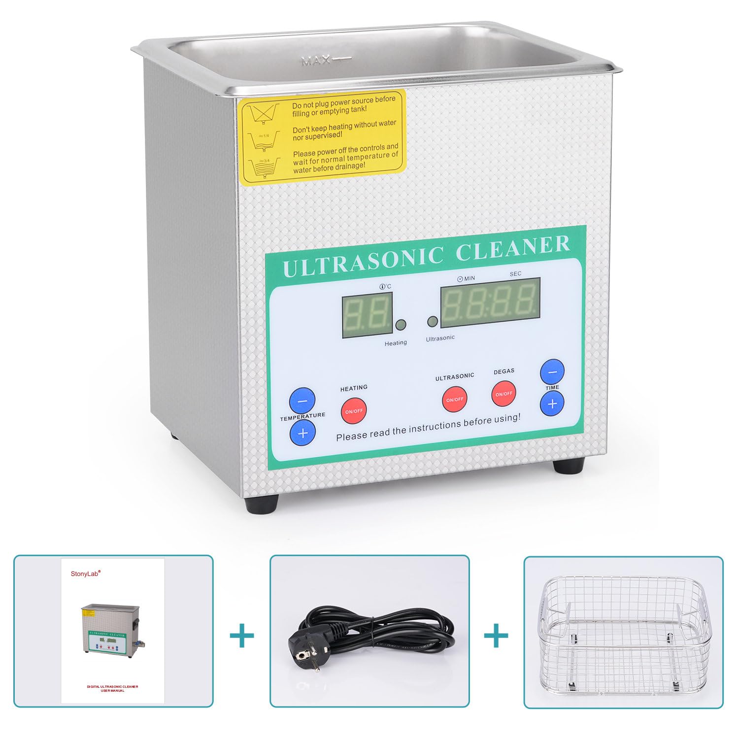 stonylab Ultraschallreiniger, Professioneller Allzweck-Ultraschallreiniger aus Rostfreiem Stahl mit Digitalanzeige-Timer und Wärmesteuerung für Labor 220V, 2L