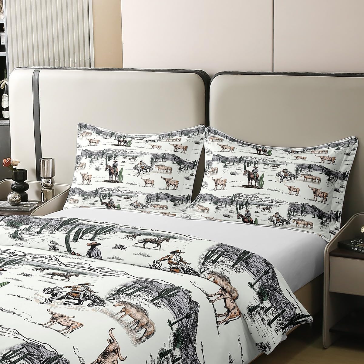 Western Cowboy 100% Organic Cotton Comforter Cover Vintage Southwest Style Duvet Cover Set Queen Size for Bedroom Desert Cactus Cow Horse Animals Bedding Set with 2 Pillowcases(No Comforter)