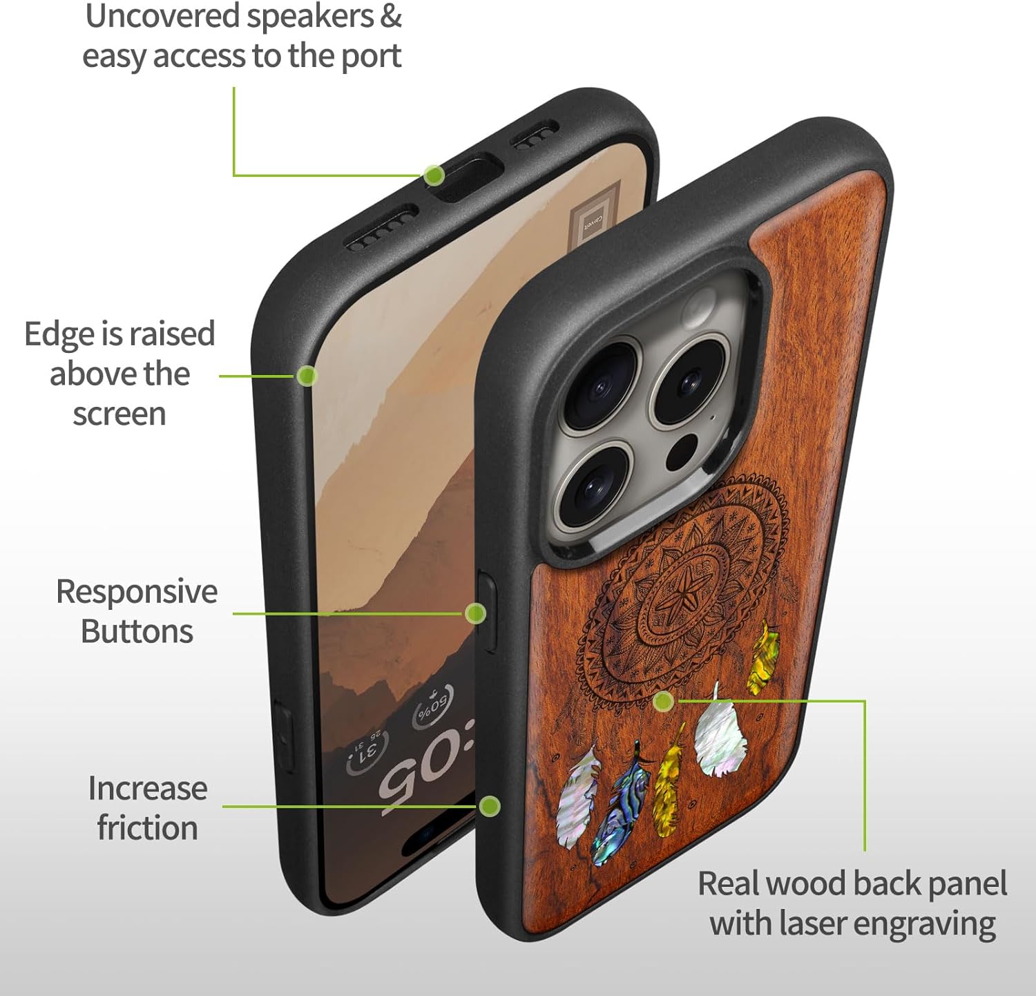 Carveit Wooden Case for iPhone 15 Pro Max Magnetic Case, Compatible with MagSafe Wireless Chargers, Shockproof Cover, Handmade Shell Inlaid & Wood Artisan Engraved (Dreamcatcher's Embrace) Rosy