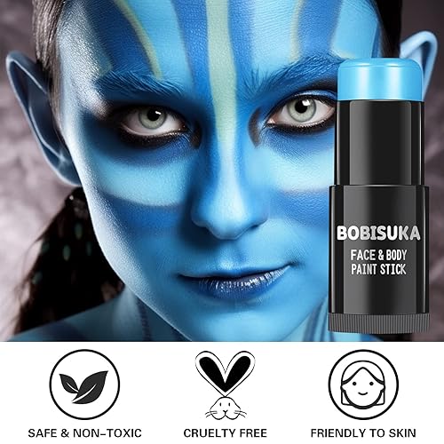 Miniatura 5 de BOBISUKA Palo de pintura facial azul claro, ojo azul bebé, negro para deportes, pintura impermeable para Halloween, Avatar, cadáver, novia, pitufo,