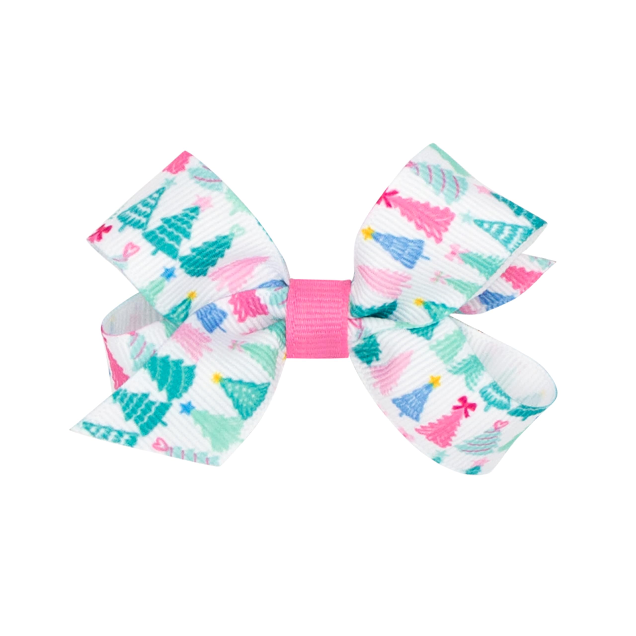 Wee Ones Girls’ Pink Wonderland Christmas Hair Bows, Embroidered Moonstitch or Holiday Print Grosgrain on WeeStay no-slip clip, Mini, Tree