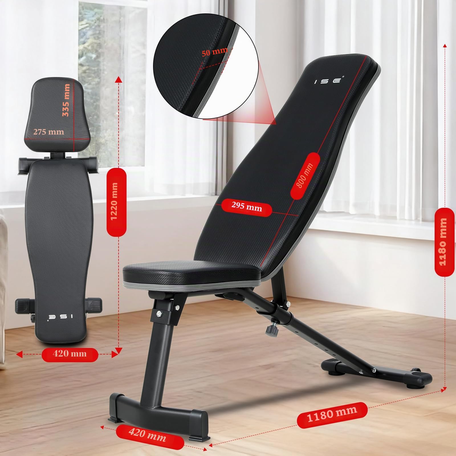 ISE Banc Musculation Pliable Complet Inclinable, Banc de Musculation Complet Pliable Multifonction, Banc Abdominaux&Bancs de Musculation 6 Positions Réglable(-25°-100°), Bench Musculation/Banc Muscu