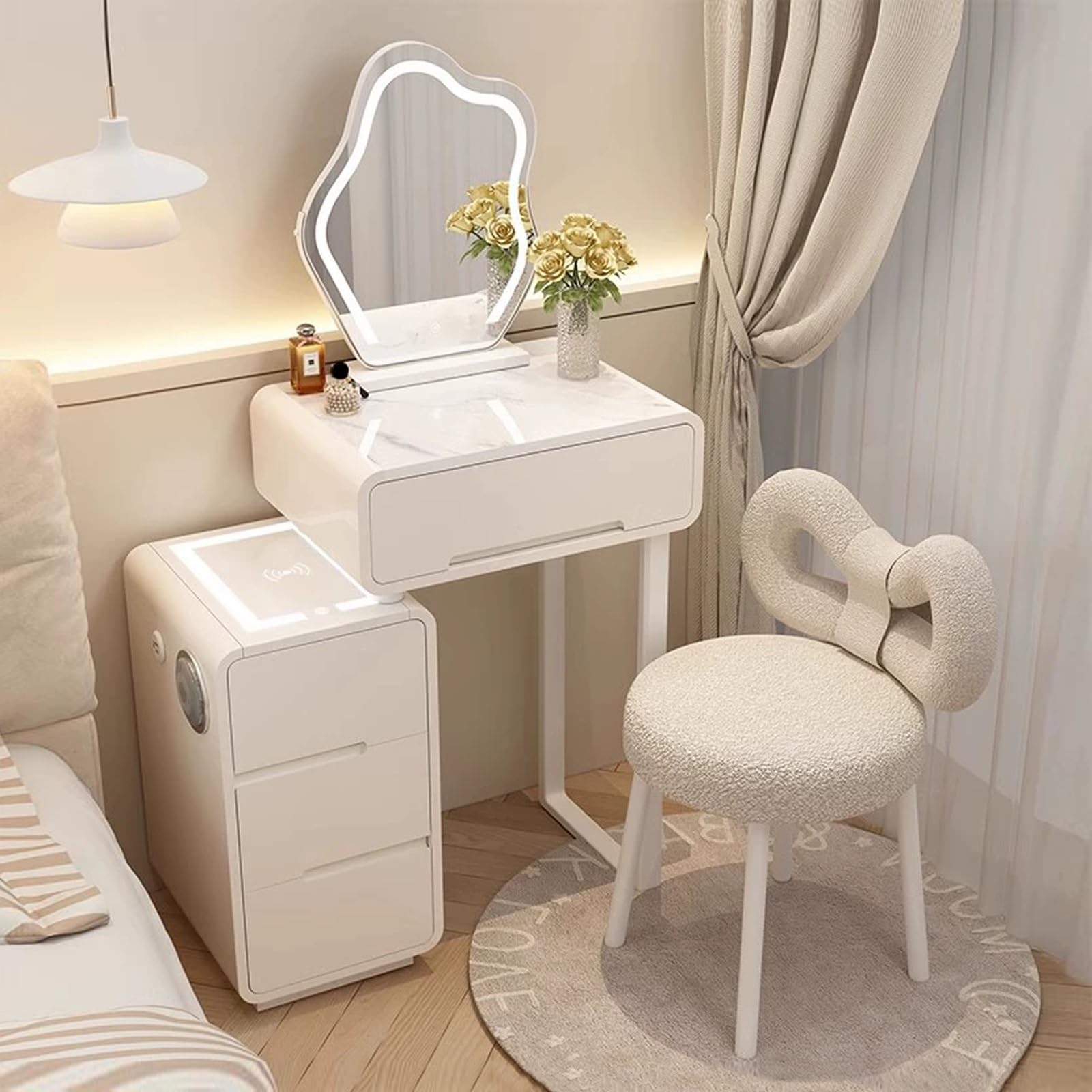 CGCSYZ Smart Makeup Vanity Set - Extendable Table with Super Storage LED Lighted Mirror & Solid Wood Upholstered Stool(White-60cm/23.6in)