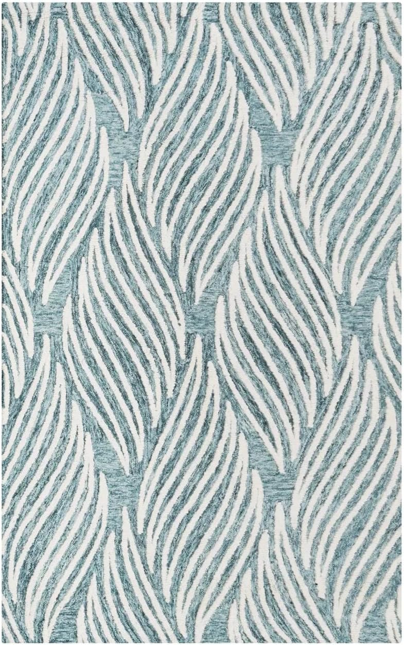 Hand Tufted Teal Abstract Wave Area Rug – Modern Ivory & Sage Pattern Rectangular, 18.7 lbs Carpet for Living Room and Bedroom 7.0x10.0