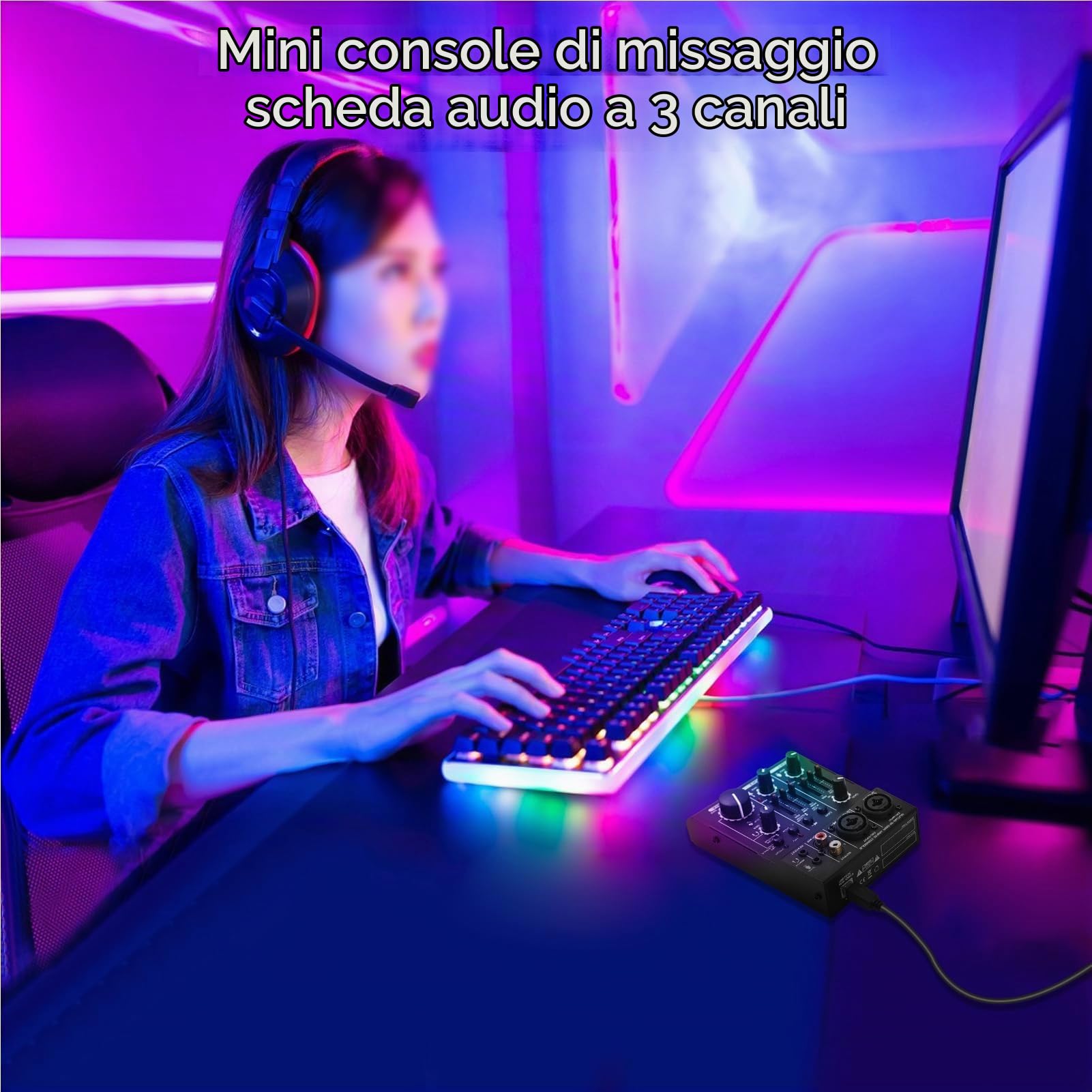 POENVFPO Mixer Audio USB a 2 con Alimentazione Phantom 48 V, Ingresso/uscita Stereo, Misuratori di Livello LED, Ingressi XLR e 1/4 di Pollice per DJ, Registrazione in Home Studio