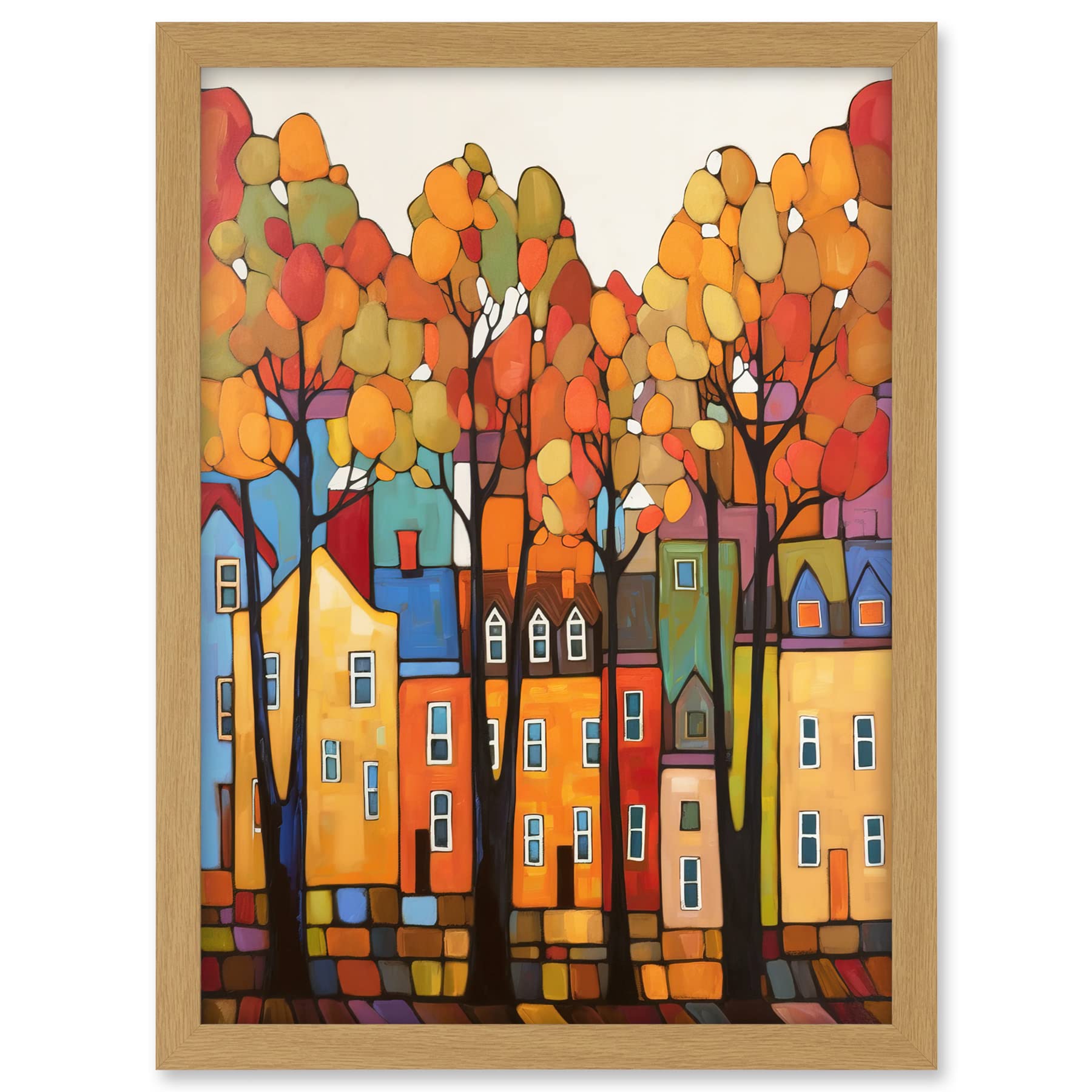 Artery8 Multicoloured House Street In Autumn Contemporary Folk Art Painting Artwork Framed A3 Wall Art Print