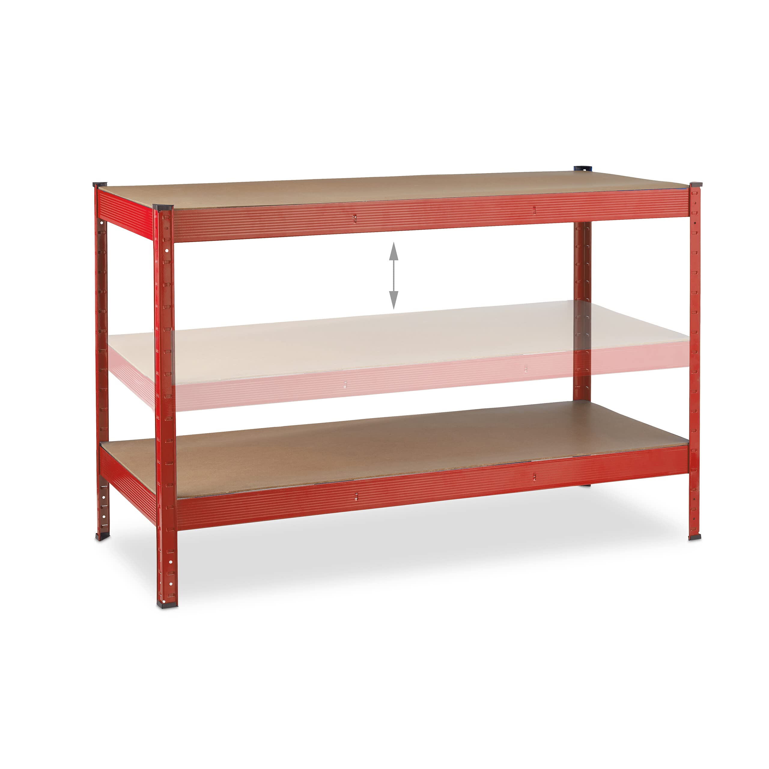 Relaxdays Banco da Lavoro Officina, Tavolo da Garage, 2 Scaffali, Altezza Regolabile, Acciaio e MDF, 91x141x61 cm, Rosso