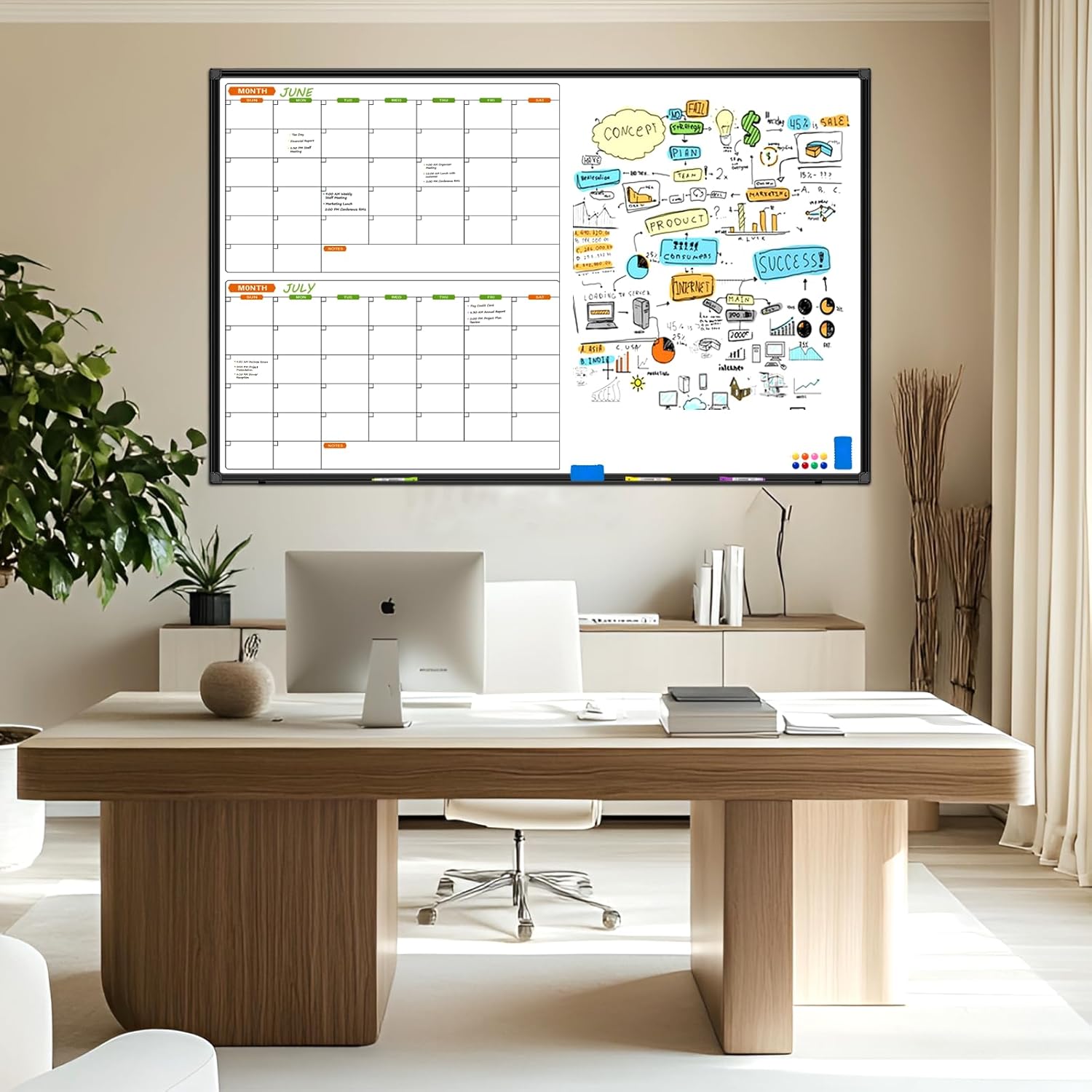 Large Magnetic Dry Erase Calendar Whiteboard Combo 72" x 40", 2 Month Whiteboard Calendar & Dry Erase Board for Wall, Wall Mounted Board with 2 Erase, 10 Marker, 12 Magnet