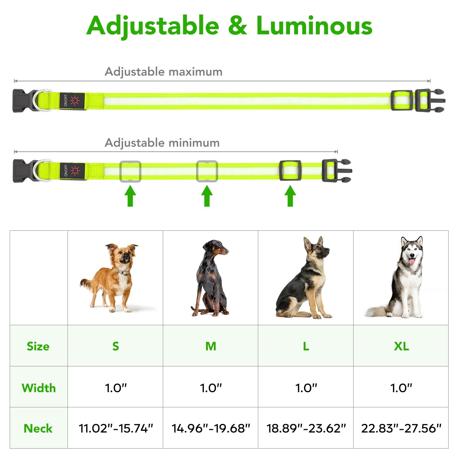 VIZPET Collare per cani a LED ricaricabile tramite USB, 100% impermeabile, in TPU, regolabile, luce di sicurezza super luminosa, collari luminosi per cani (verde, grande)