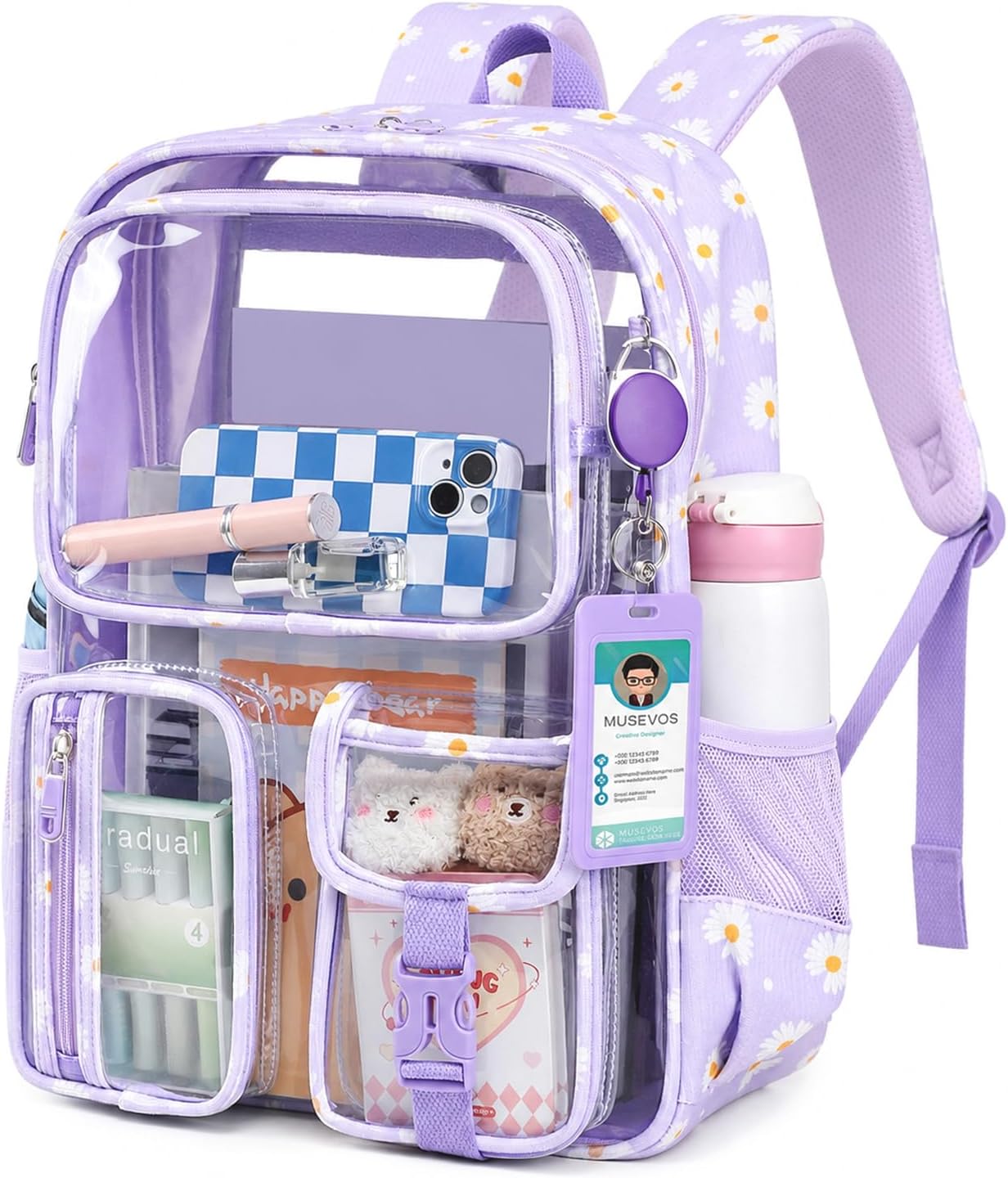  Clear Backpack for School, Heavy Duty Clear Bookbag for Girls Boys Transparent Backpack with Badge Holder, Purple thumbnail
