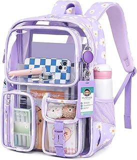 MUSEVOS Clear Backpack for School, Corduroy Heavy Duty Clear Bookbag for Girls Transparent Backpack with Badge Holder, Purple Daisy