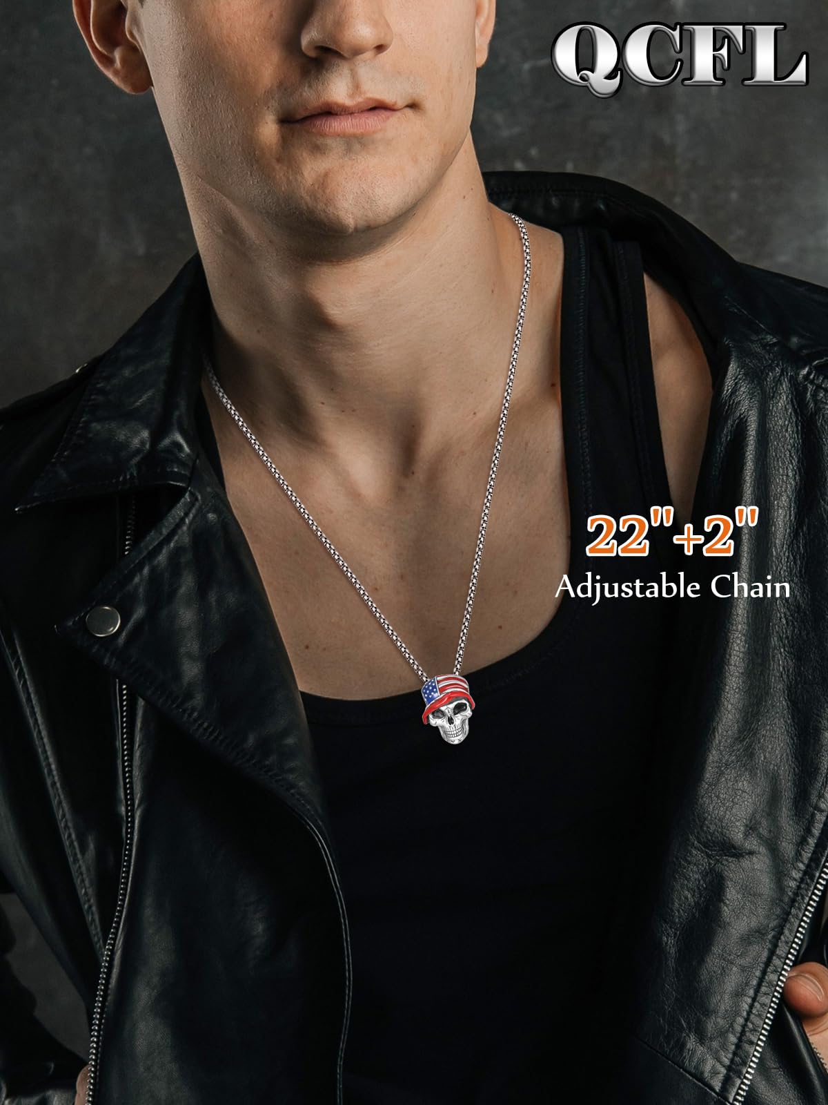 QCFL Skull Necklaces for Men, 925 Sterling Silver Mens Pendant Necklace, Cool Gothic Skull Jewelry Halloween Jewelry Gifts for Men Husband Him Father Son: American Flag