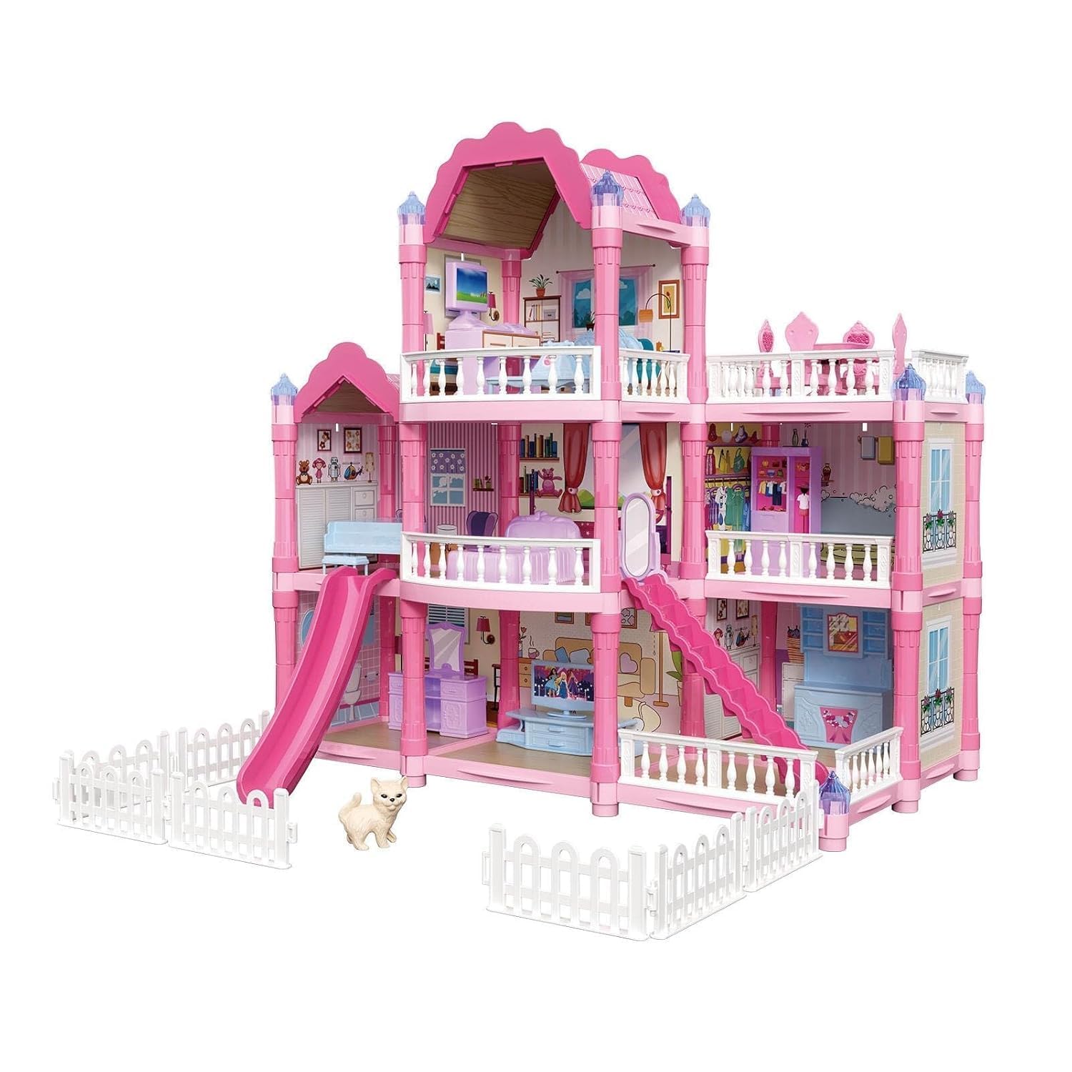 Interactive Doll House Toy, Pink Castle Mansion with Furniture, Slide, Stairs & Pretend Play Accessories-image-6