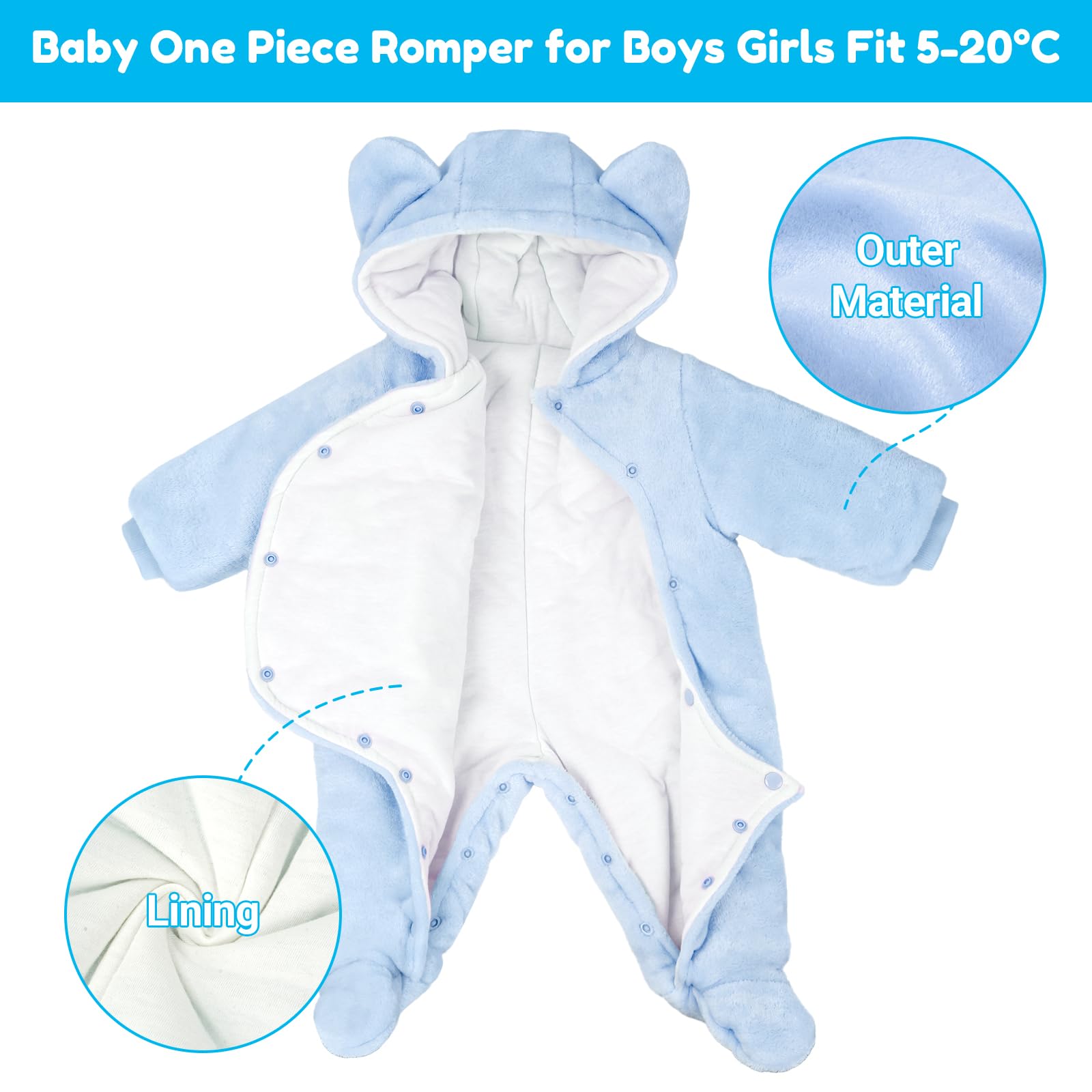 Tuta invernale in pile con cappuccio, per bambini, abbigliamento caldo da neve, da 3 a 6 mesi, motivo elefante blu
