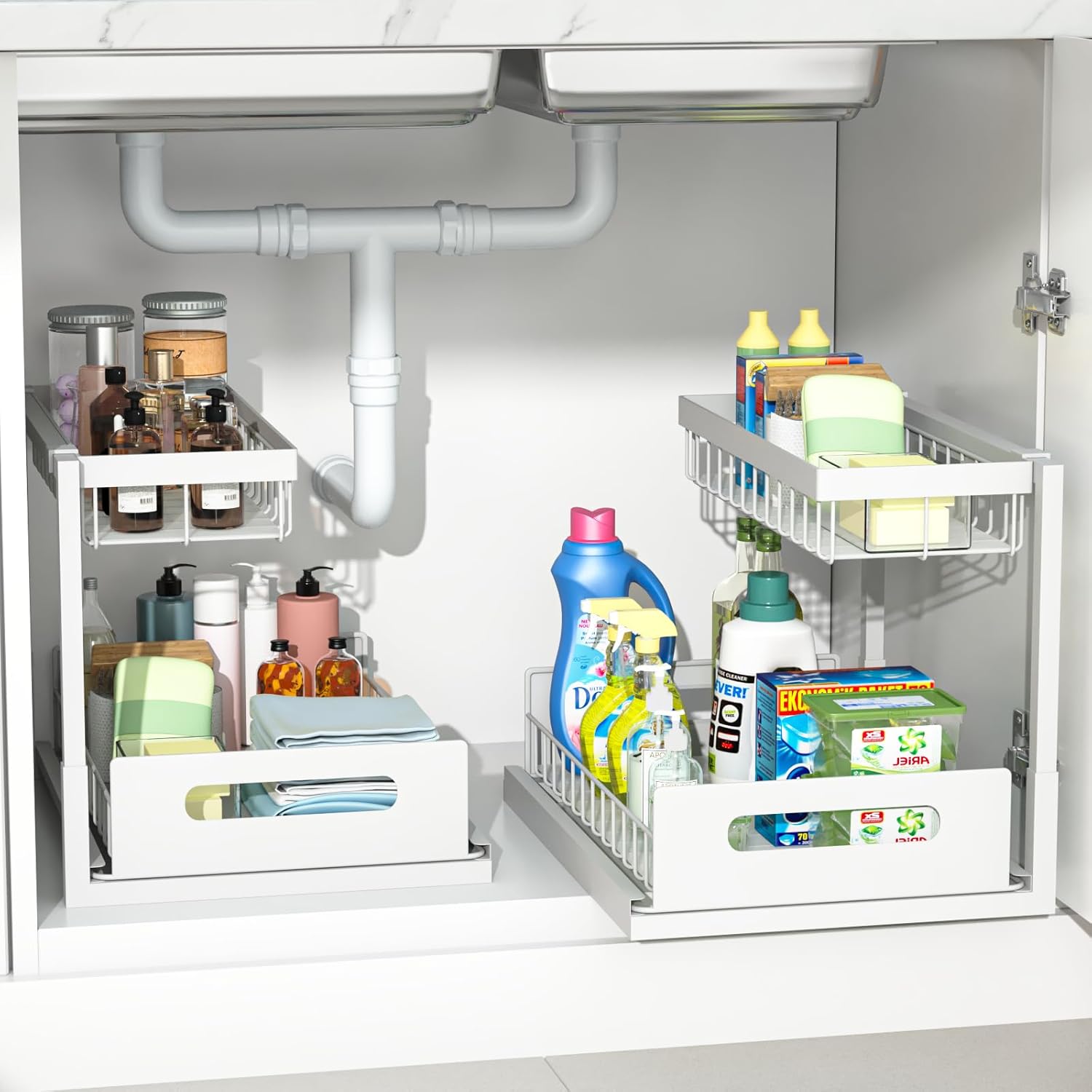 Under Sink Organizers and Storage, 2-Tier Under The Sink Organizer, Metal Pull Out Under Sink Organizer with Sliding Drawer, Under Sink Storage for Kitchen, Bathroom, Pantry，White-2pack