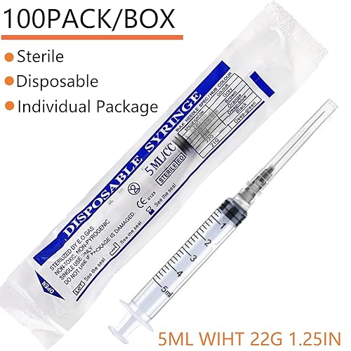 Miniatura 5 de Paquete de 100 jeringas de plástico Luer Lock de 0.2 fl ozcc con aguja de 22 Ga, herramientas de medición de laboratorio para dispensación