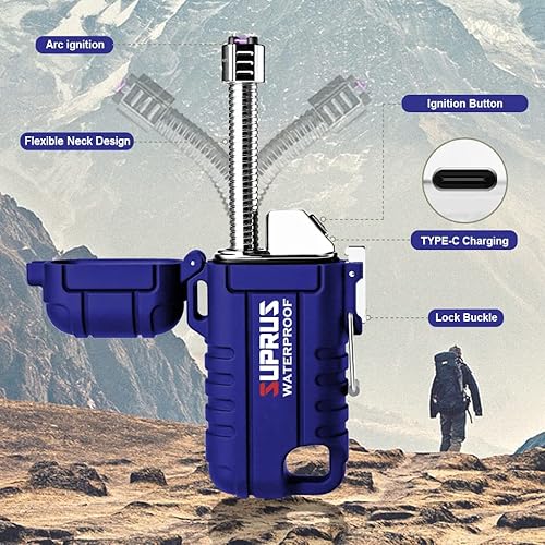 Miniatura 3 de SUPRUS Encendedor impermeable a prueba de viento, encendedor de plasma de arco, USB-C recargable con cuello expandible y flexible para exteriores,
