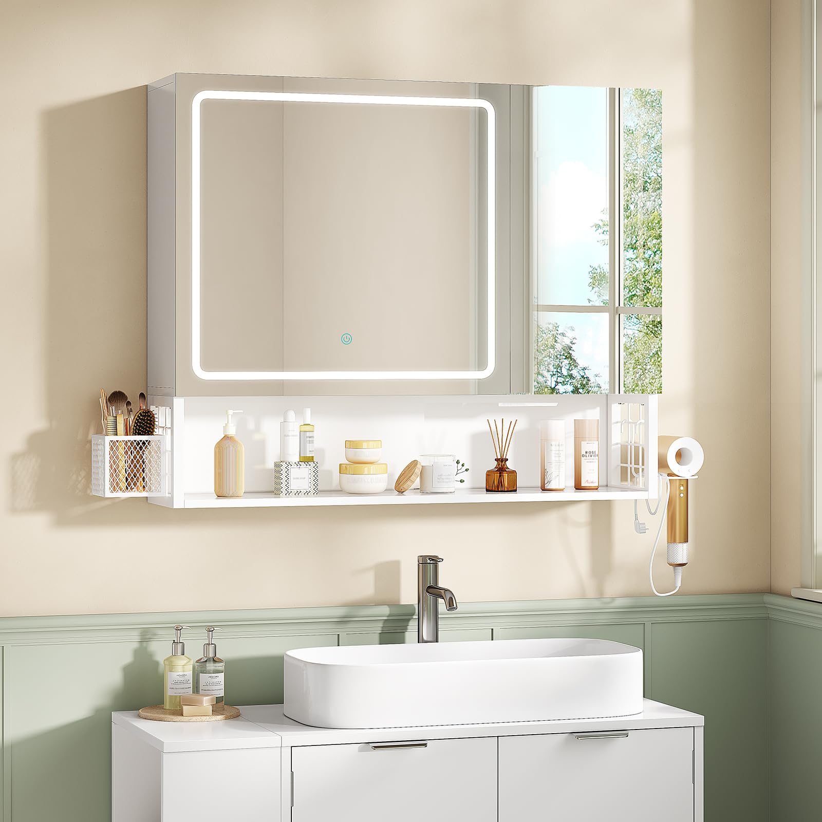 Armario Baño con Espejo 80x16x70 cm, Espejo de Baño con Luz LED y Estantes Regulables, Armario Espejo Baño con Almacenamiento y Enchufe Múltiple, Interruptor Táctil, 2 Puertas Espejo, Blanco
