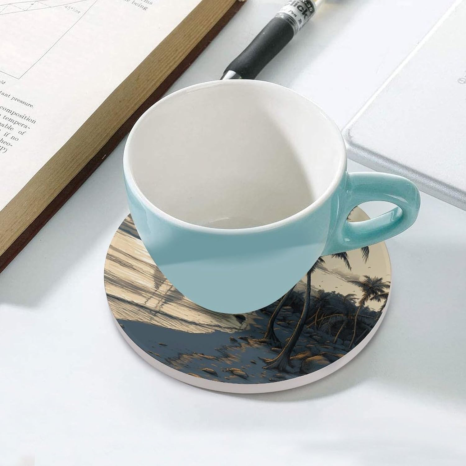Palm Trees Fishing Boat Coasters Round Coasters Set Ceramic Stone Coaster with Cork Base Coffee Cup Beverage Cup Mat Cute Funny Table Drinks Coaster for Mugs and Cups Office Kitchen