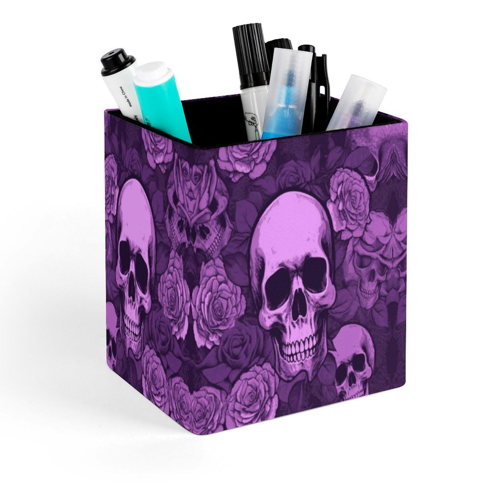 FekiLoot Purple Skulls And Roses Pencil Holder for Desk Square Leather Pen Holder Cup Desktop Organizer Multi-Functional Pencil Cup Holders Modern Decorative Desk Organizer Caddy Makeup Brush Holders