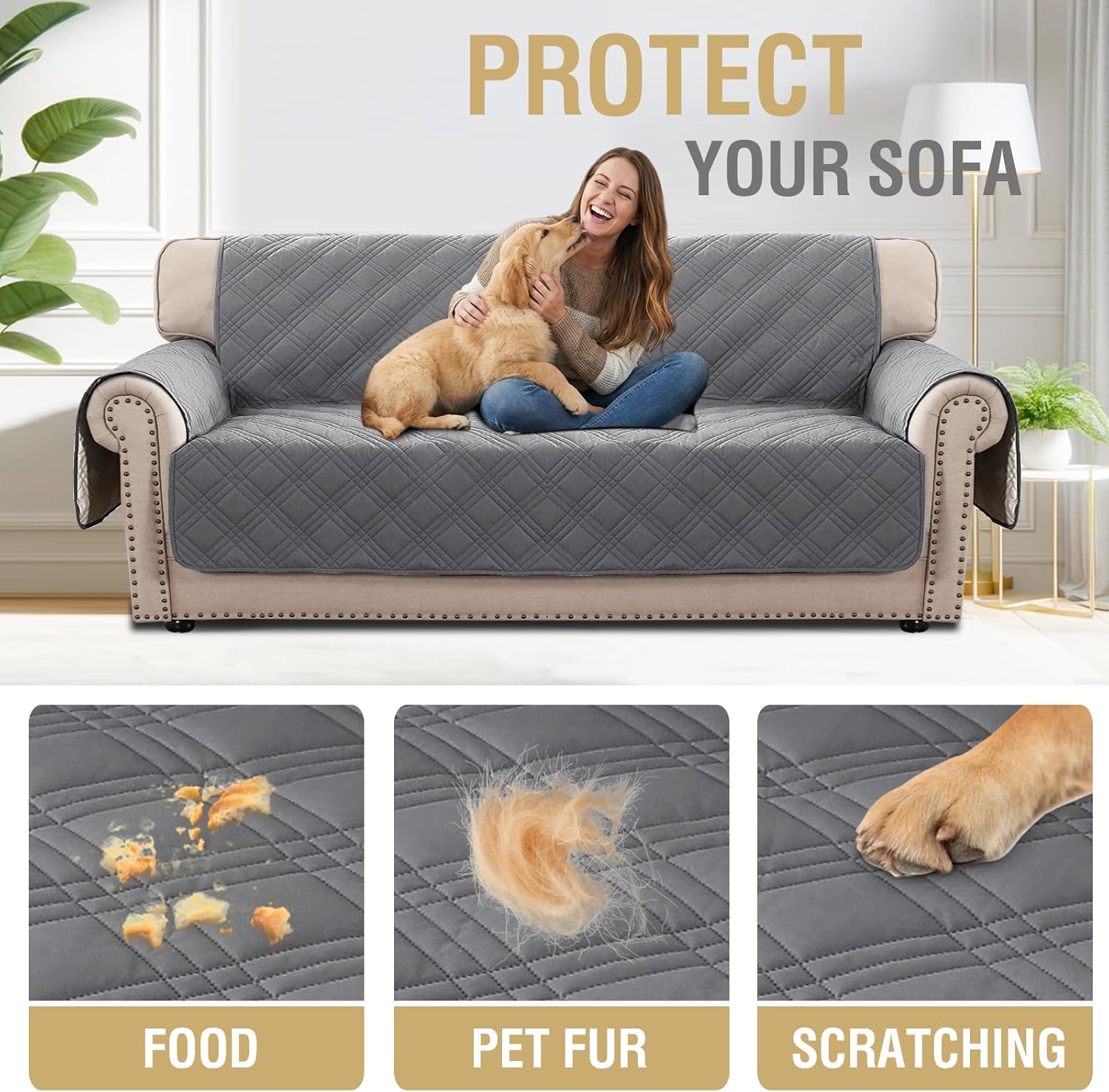 H.VERSAILTEX 100% Waterproof Couch Covers for 3 Cushion Couch Sofa Modern Sofa Slipcovers with Elastic Straps Thick Soft Furniture Protector Pet Friendly(Sofa, Grey/Beige)