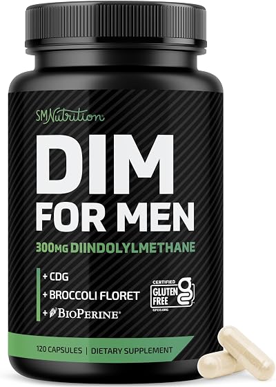 DIM Supplement for Men 300mg | Estrogen Blocker & Aromatase Inhibitor | Extra Strength Men’s Hormone Balance & Fitness Booster with Diindolylmethane Plus CDG & Broccoli Floret | Gluten-Free | 120 Ct