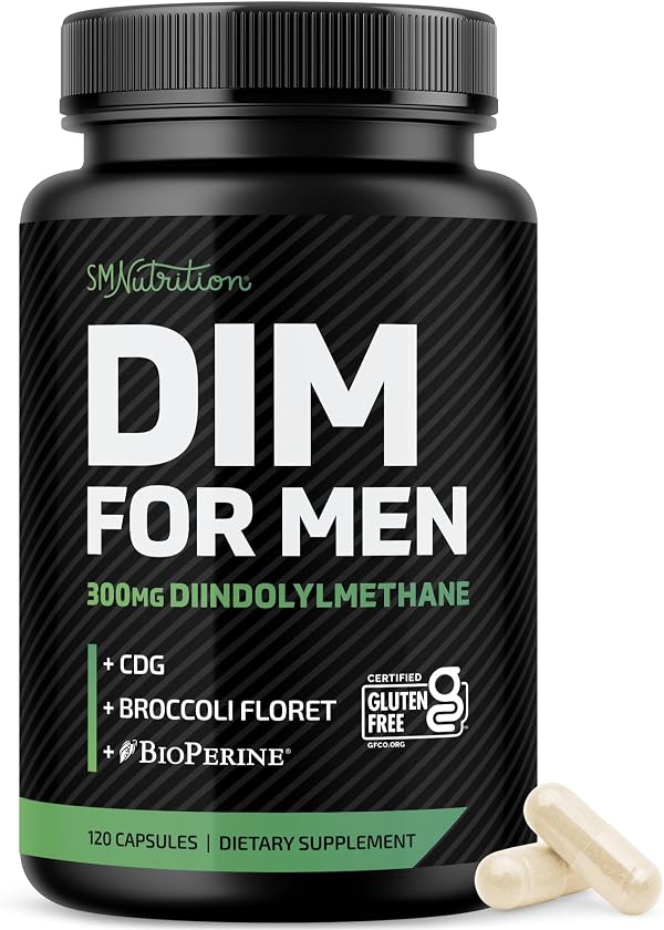 DIM Supplement for Men 300mg | Estrogen Blocker & Aromatase Inhibitor | Extra Strength Men’s Hormone Balance & Fitness Booster with Diindolylmethane Plus CDG & Broccoli Floret | Gluten-Free | 120 Ct