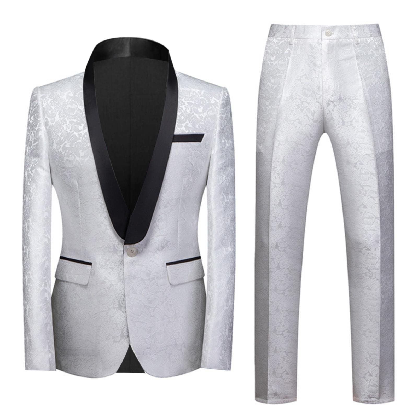 Uomo Stampa Moda Casual Partito Vestito Giacca Pantaloni Due Mens Prom Suits, bianco, 6X-Large
