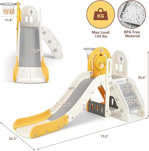 Miniatura 2 de JOYLDIAS Tobogán independiente 5 en 1 para niños pequeños, en forma de L, con aro de baloncesto y pelota, escalón antideslizante y espacio de