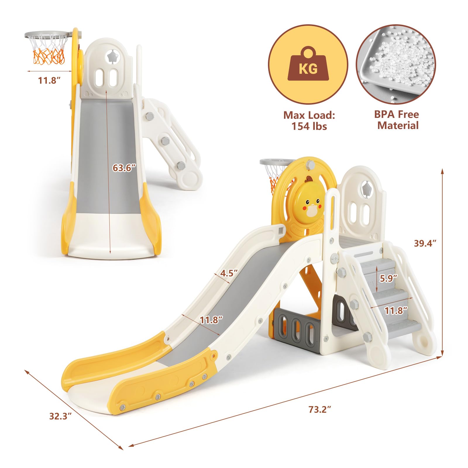 JOYLDIAS 5 in 1 Toddler Slide, L-Shaped Freestanding Slide for Kids w/Basketball Hoop & Ball, Non-Slip Step and Storage Space, Indoor Outdoor Backyard Playground Toy for Age 1-3 Boy & Girl(Cute Duck)