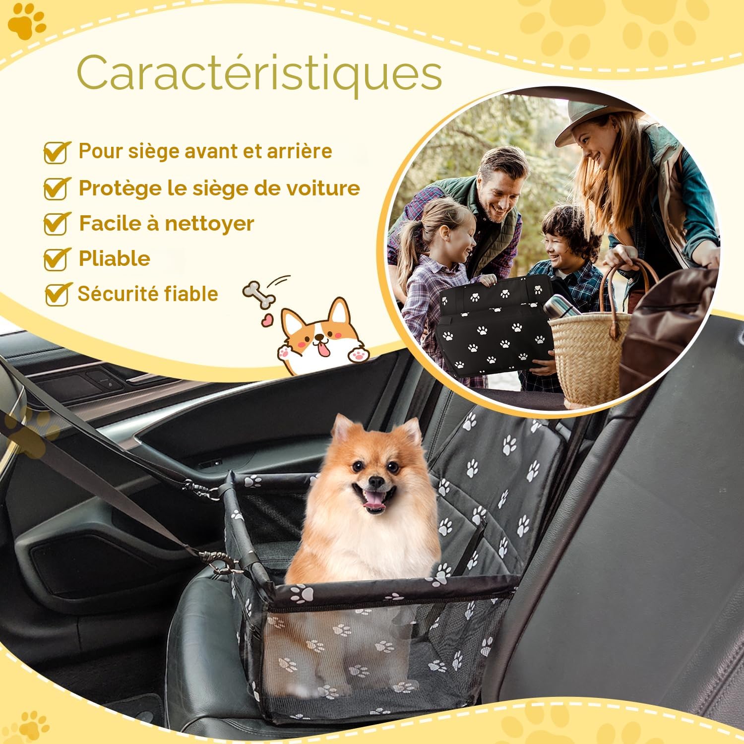 Flagest Panier Chien Voiture Pliable - Siège Auto Chien au Fixation par Crochets Réglables, Respirant et Lavable, Jusqu'à 10 kg