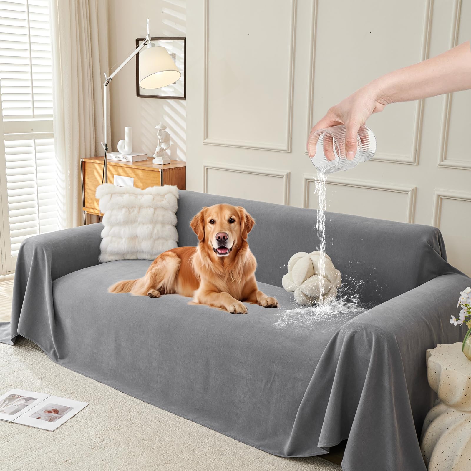 TAOTAOGO Waterproof Sofa Throw, Pet-Resistant Couch Blanket, Machine Washable Sofa Cover for 4 Seater L-Shaped Corner Sofa, Bed & Chair Protector, Cat Scratch Proof All-Season Bed Throw, Grey 180x380