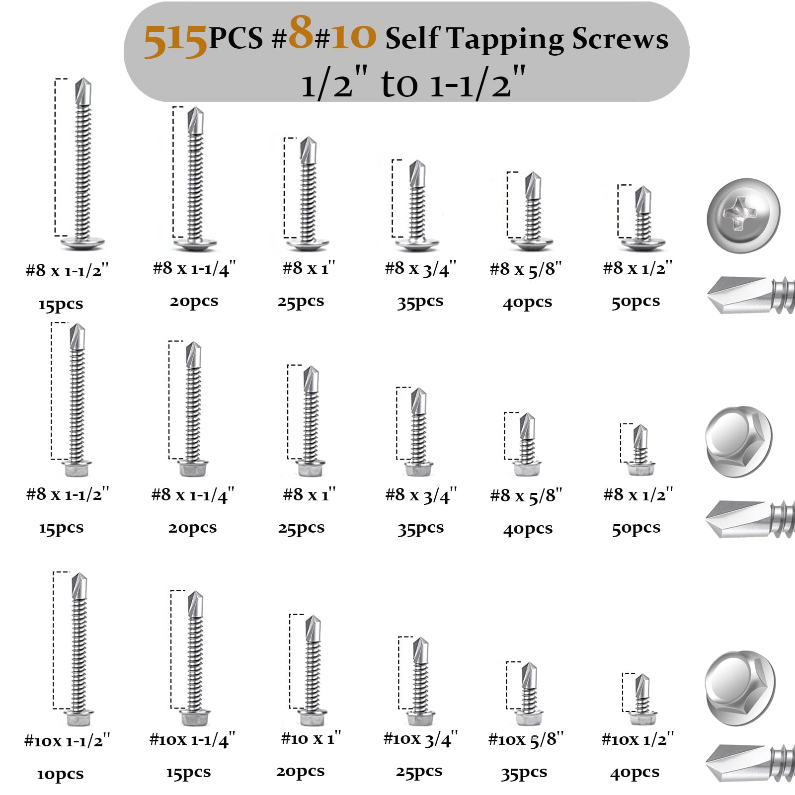 515Pcs Self Drilling Screws,410 Stainless Steel 1/2