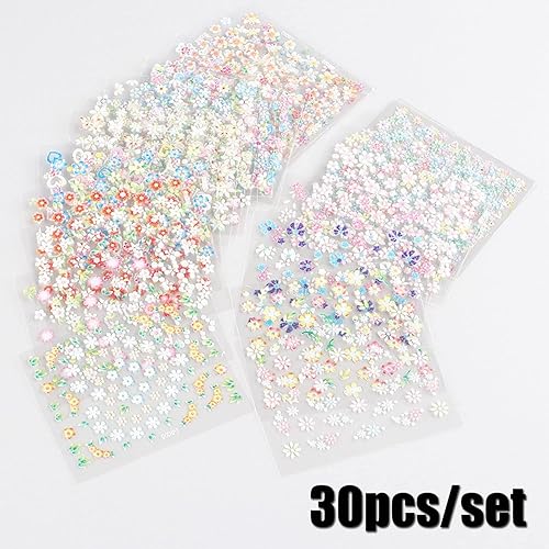 Miniatura 6 de 30 hojas de calcomanías de arte de uñas de flores coloridas 3D autoadhesivas con flores de flores y margaritas con diamantes de imitación, diseños