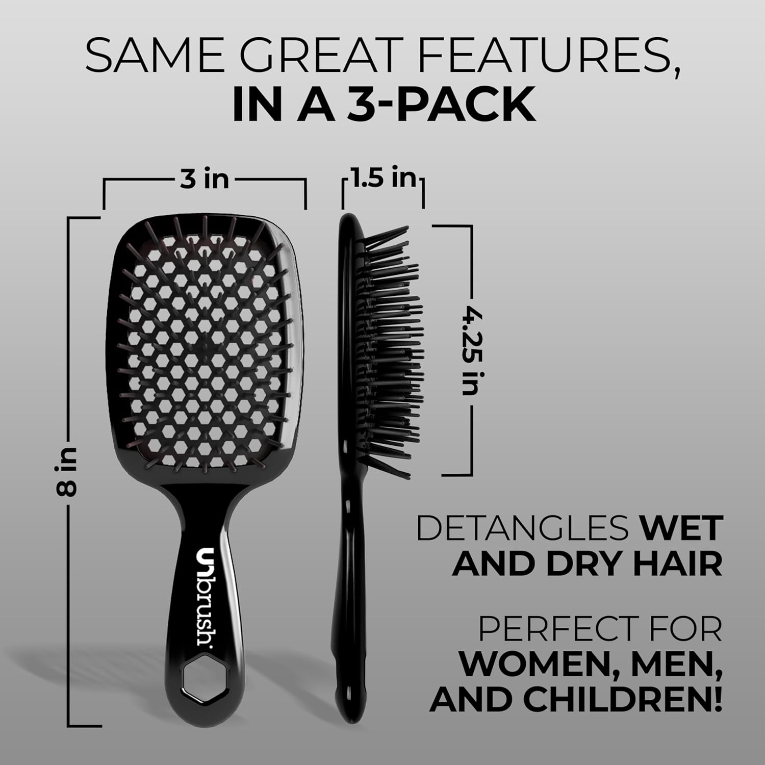 FHI Heat UNbrush Detangling Brush (3-Pack Bundle) — Hair Brush for All Wet/Dry Hair Types — Pain-Free Detangler Brush w/DuoFlex Anti Static Bristles — Lightweight Travel Hair Brush (Original Black)