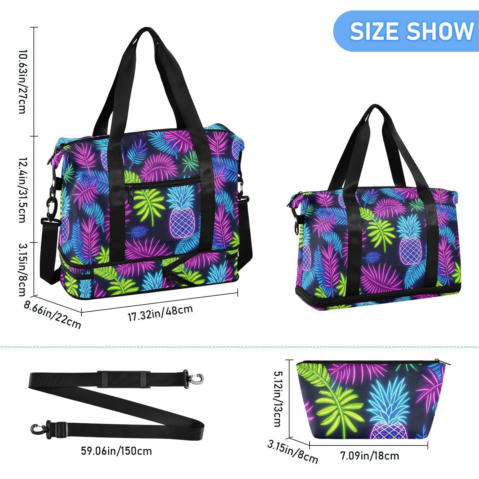 Bolsa de transporte grande de hoja de piña de neón con bolsillo húmedo con correa ajustable, bolsas de lona para viajes, plegable para hombres y mujeres