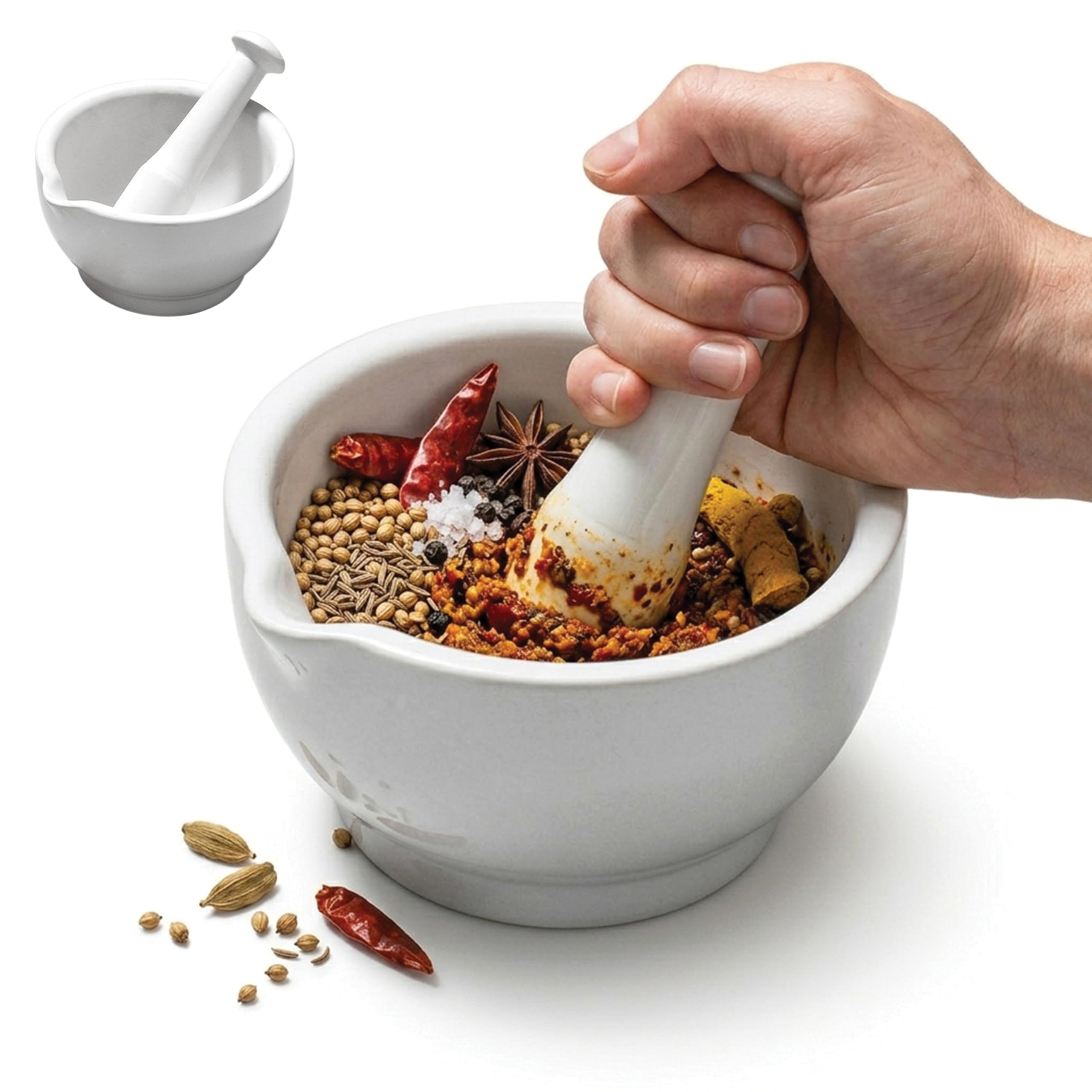 White Stoneware Mortar and Pestle - Traditional Herbs and Spices Grinding - Premier Housewares