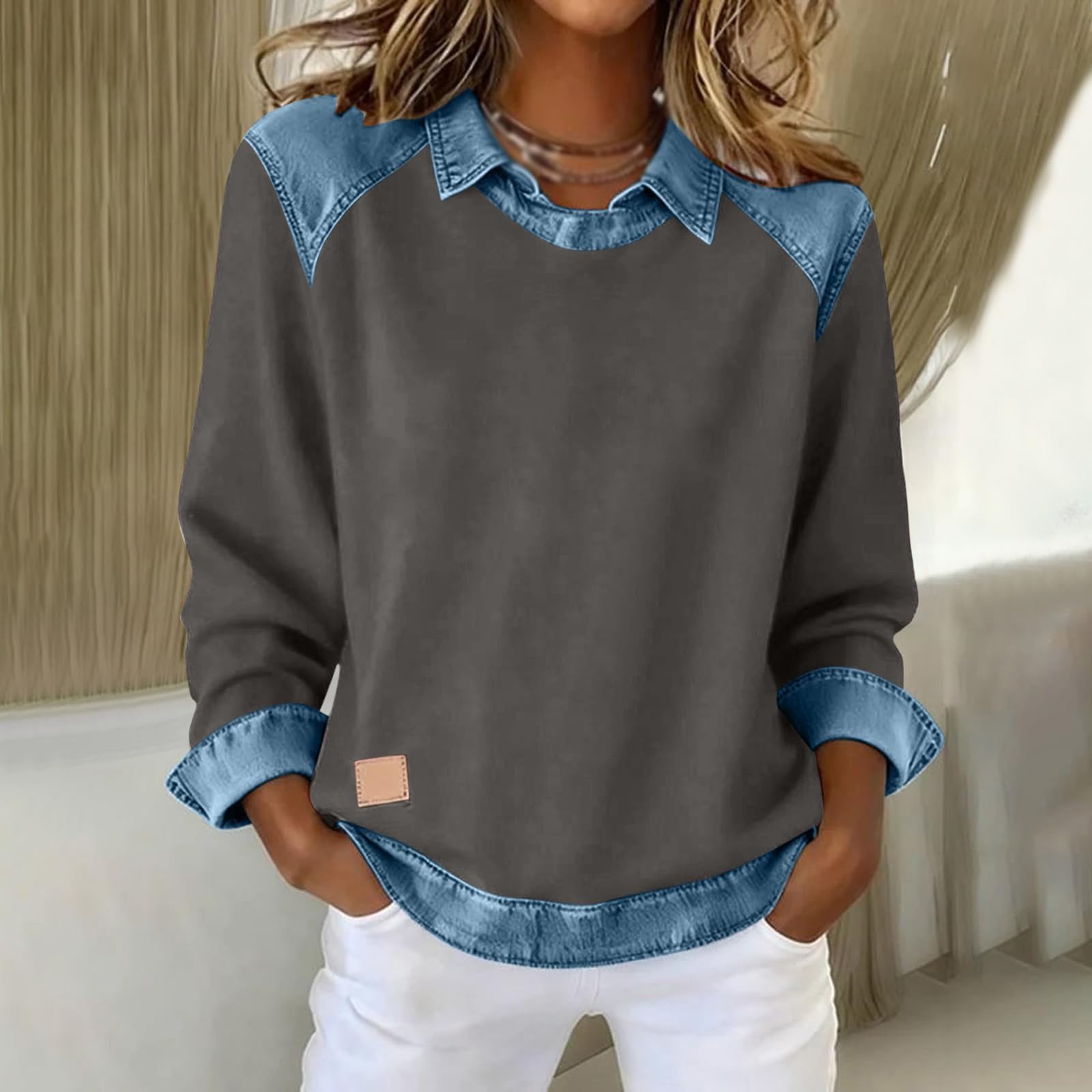 Generisch Bluzy damskie z denimu w stylu patchworkowym, modne koszulki z długim rękawem z dżinsu, z wzorem patchworkowym